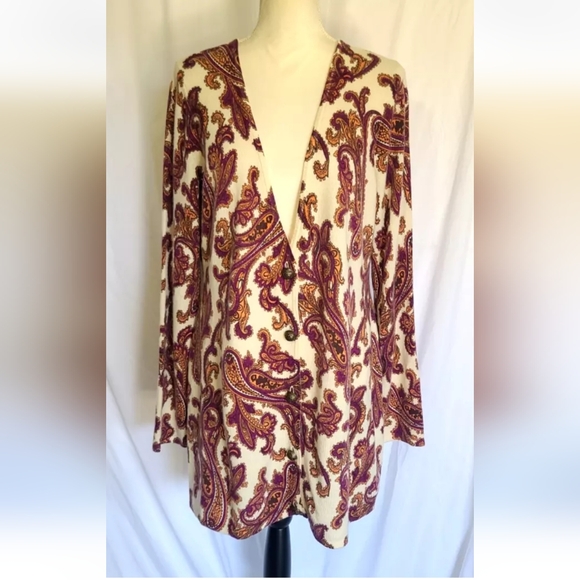Sutton Studio 100% Cashmere Paisley Print Cardigan Sweater XL - Picture 1 of 5